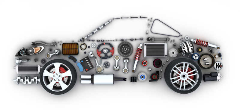 Abstraktus automobilis ir daugelis transporto priemonių dalių (padaryta 3D atvaizdavimu)